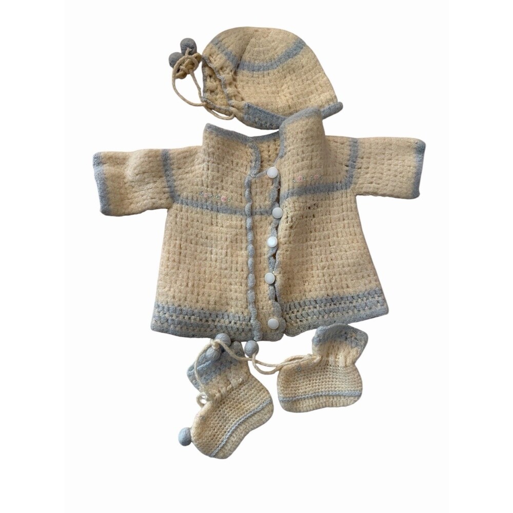 Vintage Handmade Baby Knit Set Hat Booties Sweater Wool Japan Glo-Knit Newborn